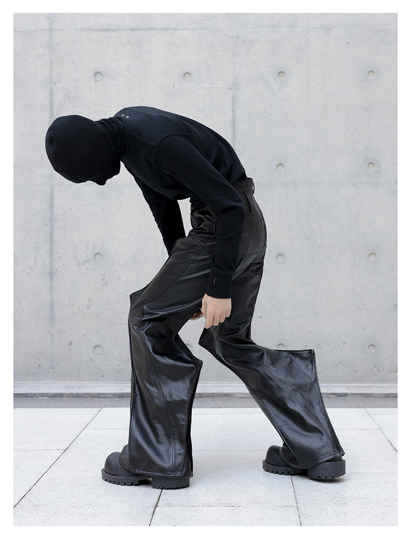 3D Cutting Spiked Coated Wax Surface Denim Casual Flared Pants for men