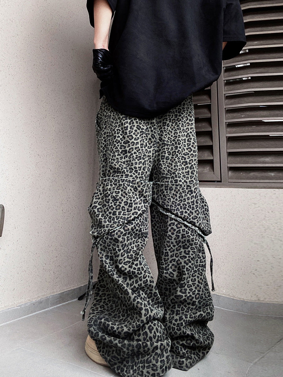 Loose Straight Slightly Flared Workwear Casual Wide Leg Mopping Leopard Jeans for men
