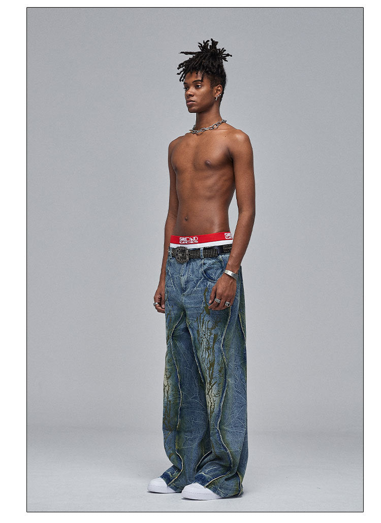 American Street Dirty fit Heavy Industry Washed Distressed Wide Leg Jeans Design Sense for men