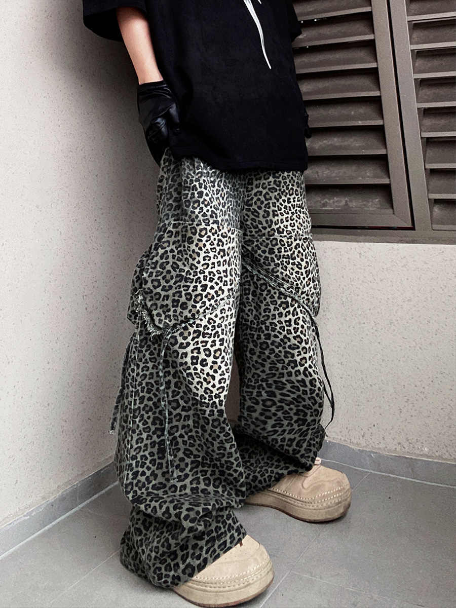 Loose Straight Slightly Flared Workwear Casual Wide Leg Mopping Leopard Jeans for men