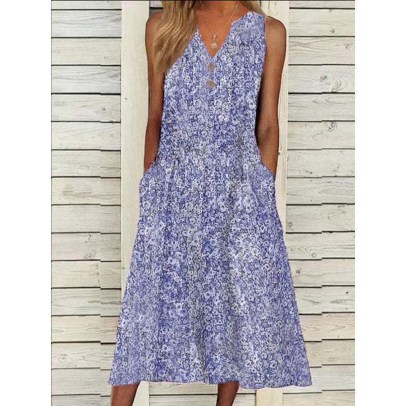 V-neck Floral Long Loose Sleeveless Women's Clothing Dress