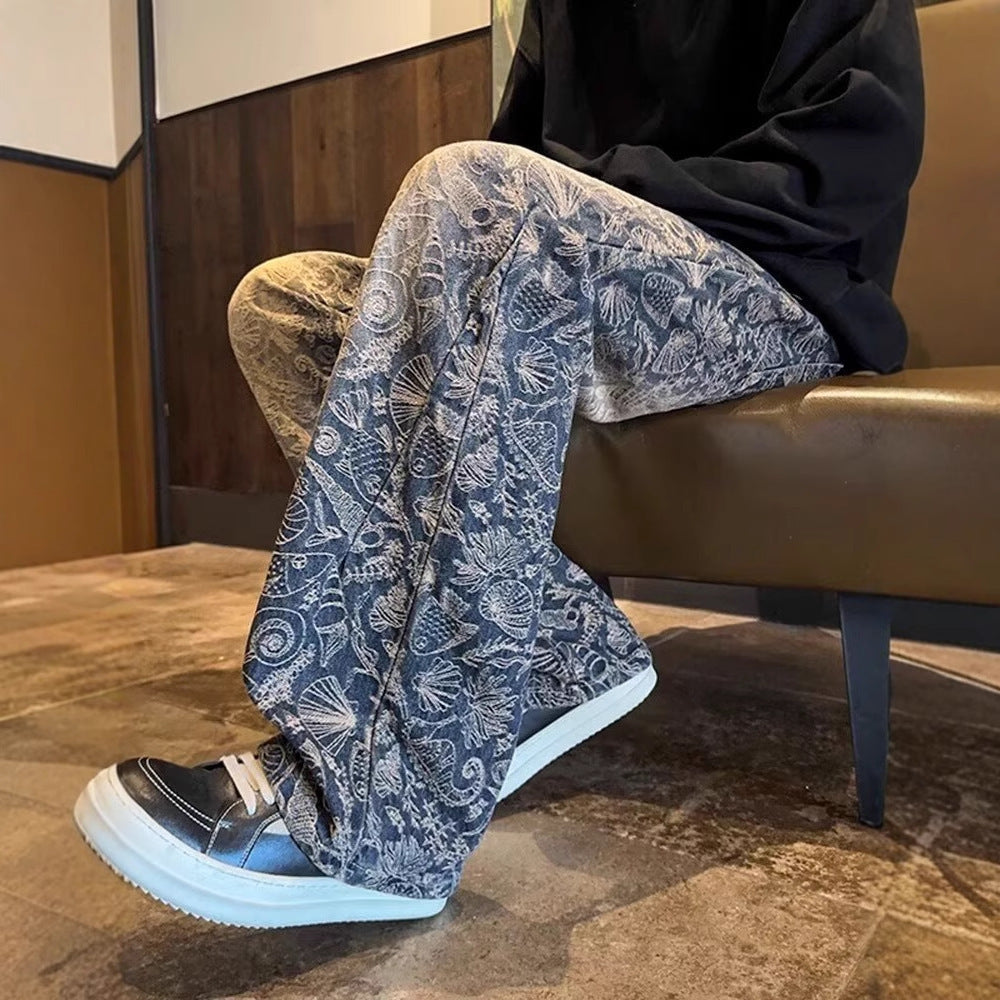 American-style Retro Blue Jacquard Jeans for men