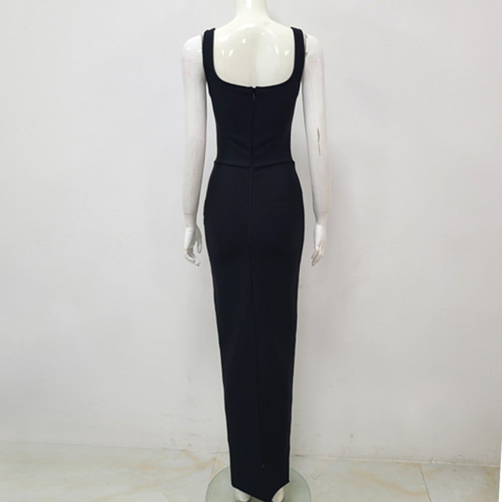Black Sleeveless U-neck Rhinestone Elegant Slim Bandage Dress Evening Dress