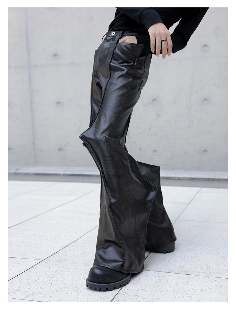 3D Cutting Spiked Coated Wax Surface Denim Casual Flared Pants for men
