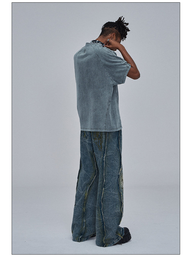 American Street Dirty fit Heavy Industry Washed Distressed Wide Leg Jeans Design Sense for men