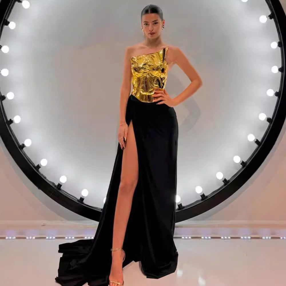 women One-shoulder Leather Top Slit Mop Black Dress Two-piece Set Sexy Lacing Backless Light Dress