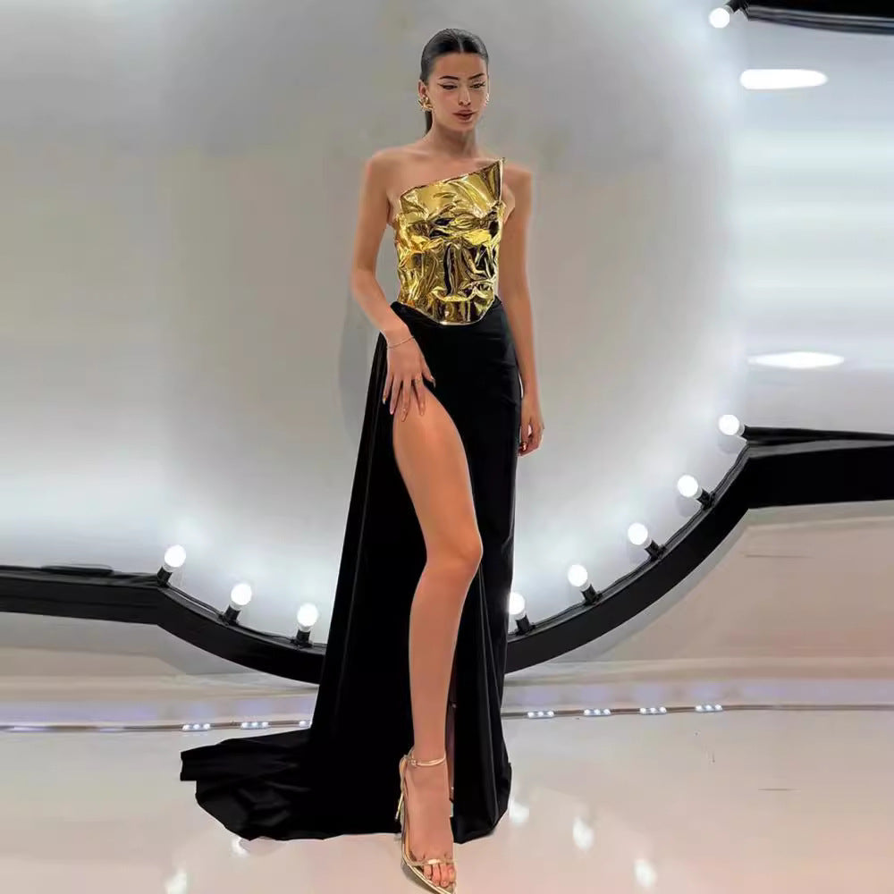women One-shoulder Leather Top Slit Mop Black Dress Two-piece Set Sexy Lacing Backless Light Dress