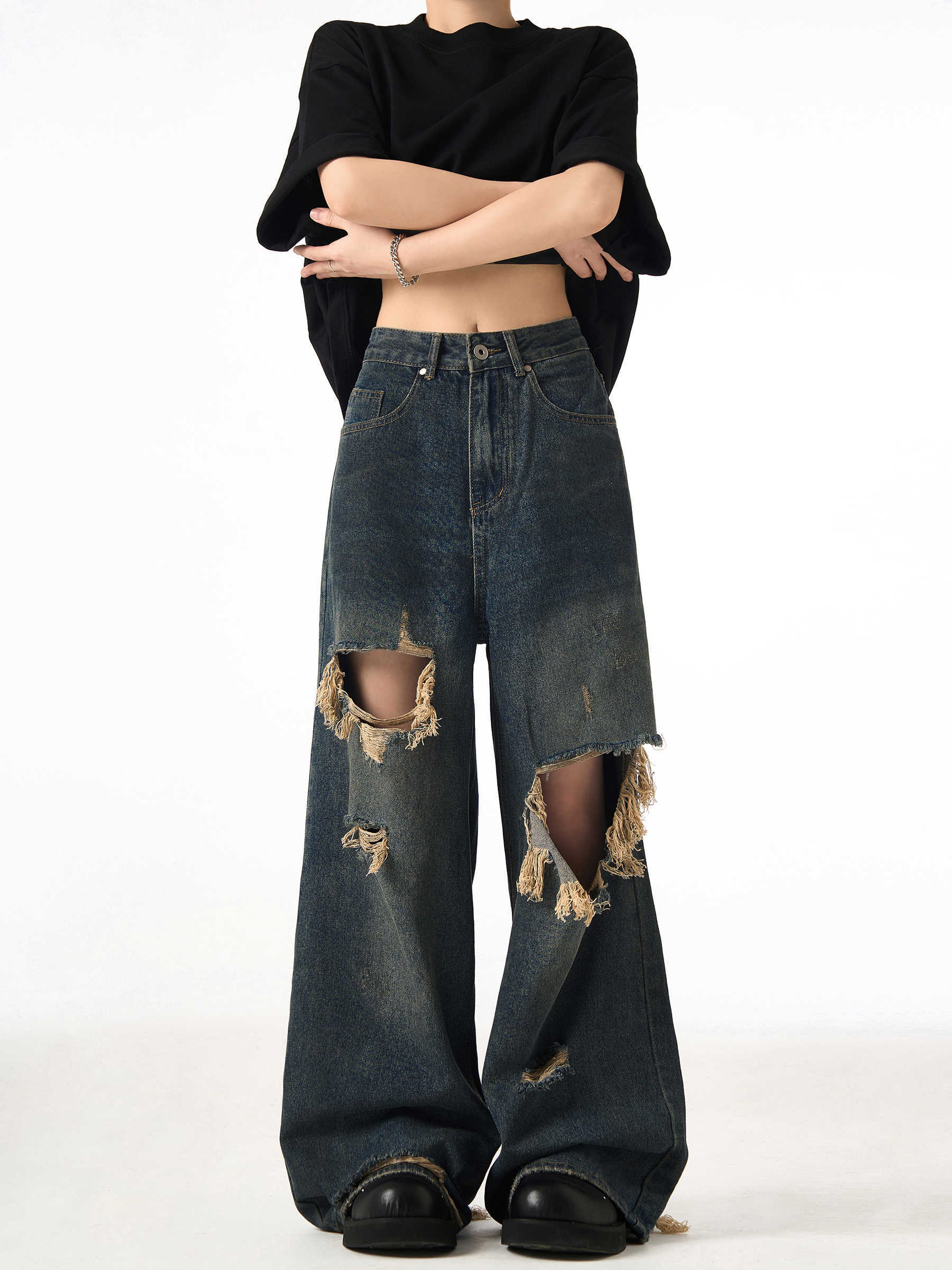 Couple Hole Worn Jeans Wide-leg Pants for men