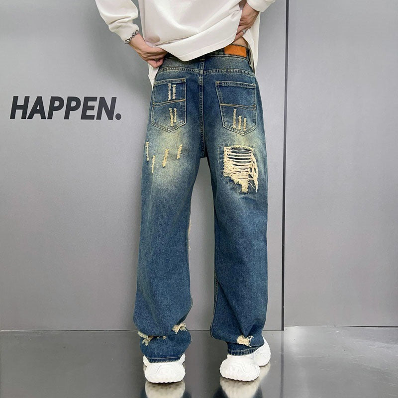 Loose Wide Leg Blue Washed Jeans for men