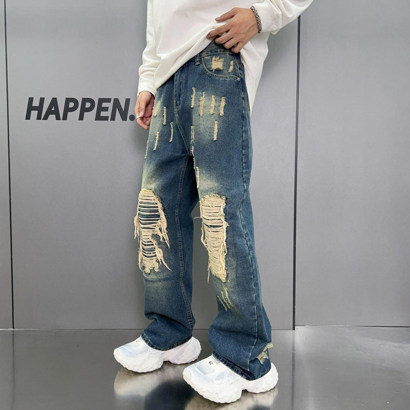 Loose Wide Leg Blue Washed Jeans for men