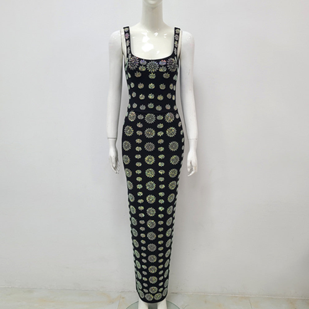 Black Sleeveless U-neck Rhinestone Elegant Slim Bandage Dress Evening Dress