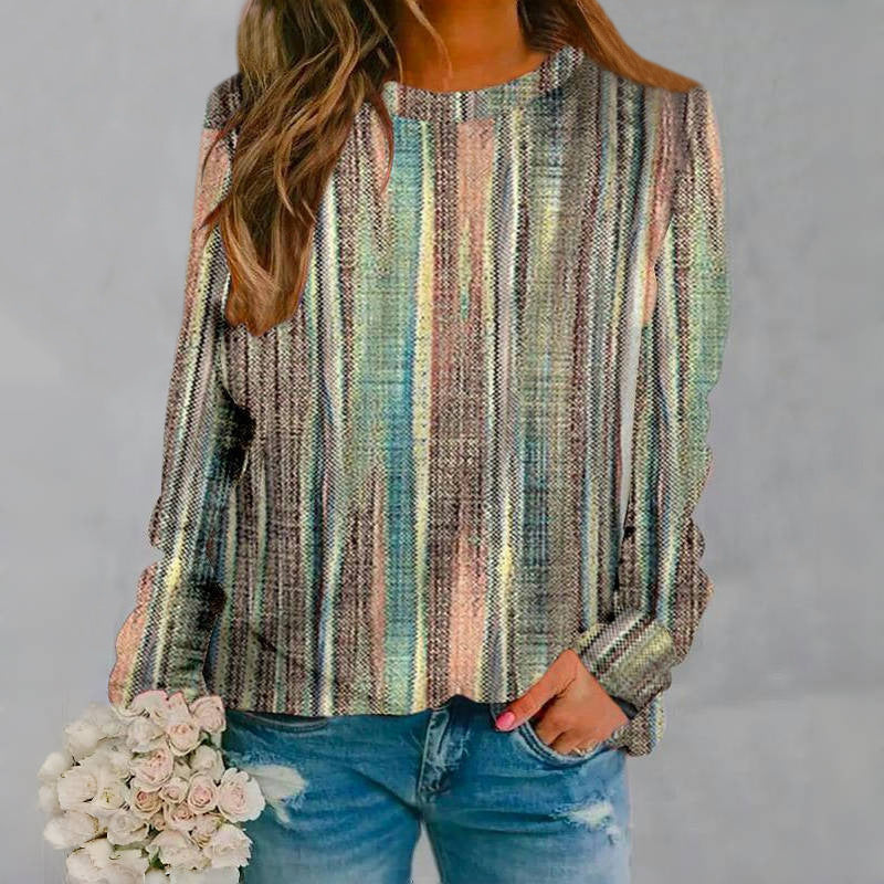 Casual Colorful Stripes Round Neck Loose Top