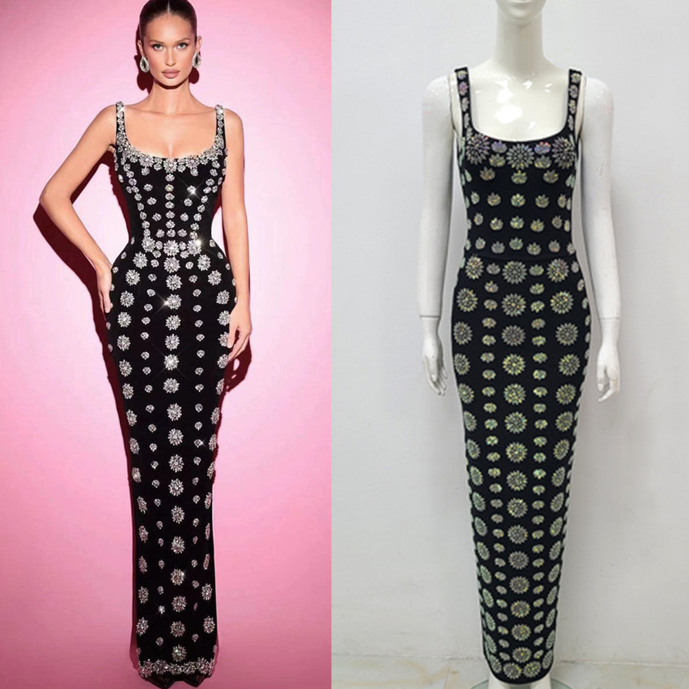 Black Sleeveless U-neck Rhinestone Elegant Slim Bandage Dress Evening Dress
