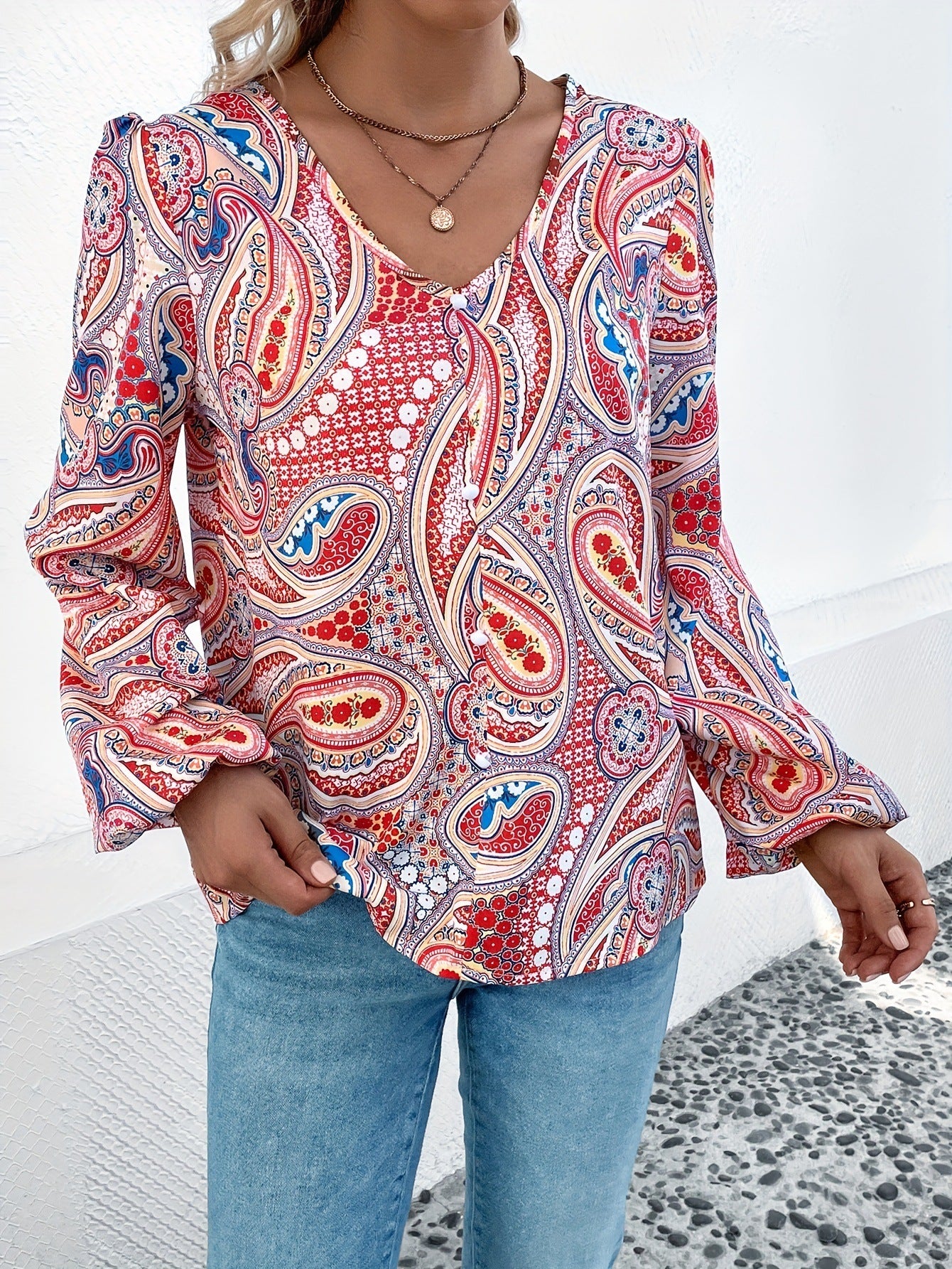 Women's Fashion Full Paisley Pattern Long Sleeve Blouse