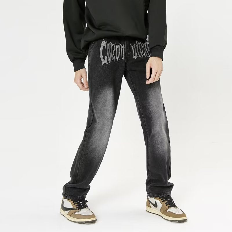 American Personality Jeans Zipper Worn Burrs Tassels Hip Hop Design Sense for men