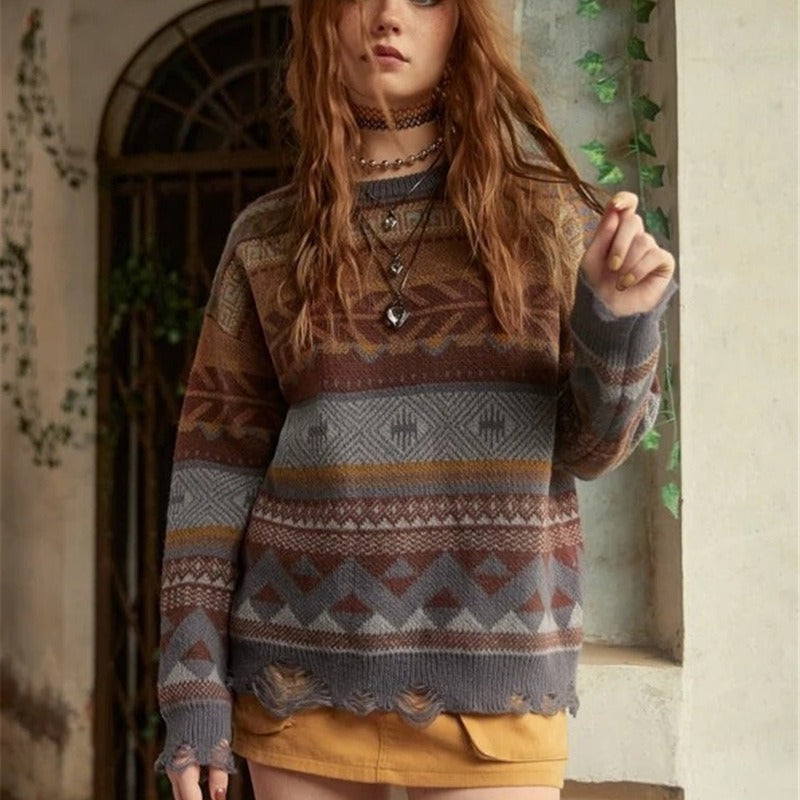 Geometric Pattern Hole Knitted Long Sleeve Sweater