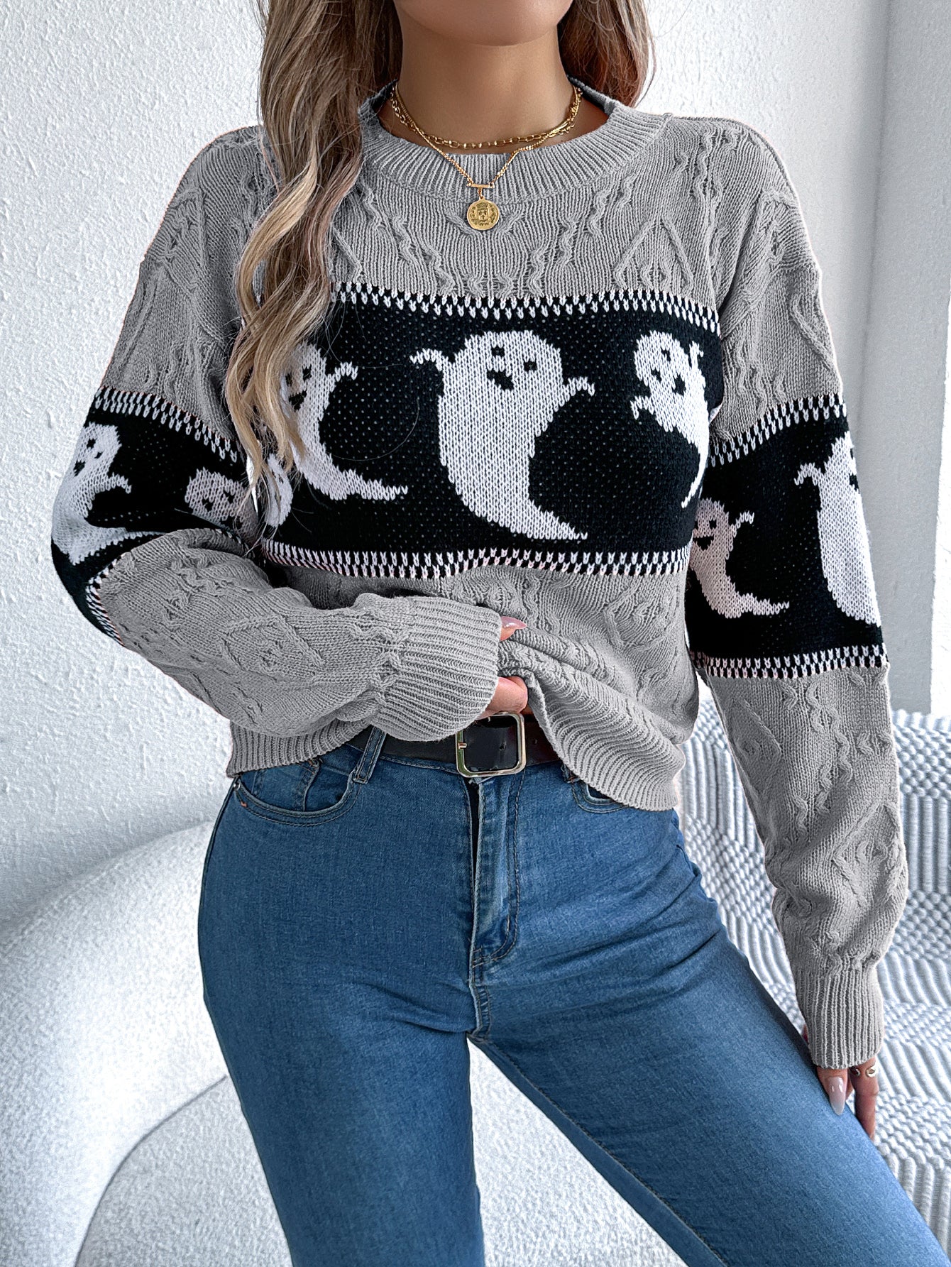 Women Ghost Color Block Long Sleeve Pullover Sweater