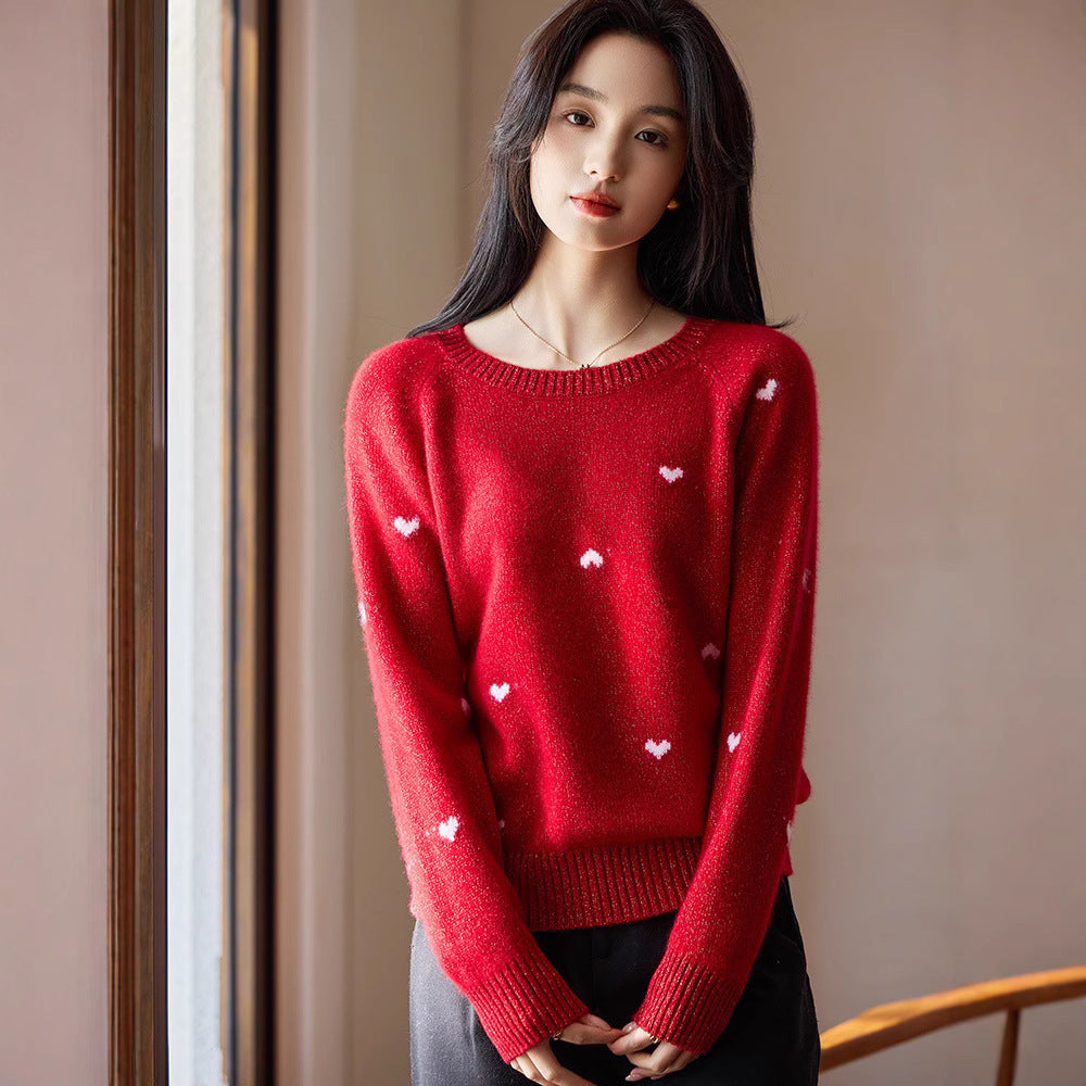 Women's High-end Red Crew-neck Sweater with Heart Motif
