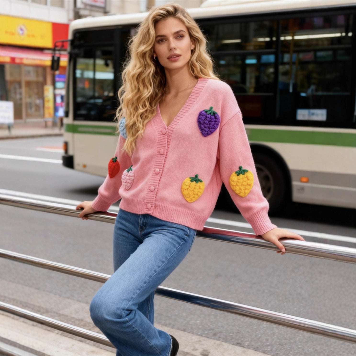 Women's Strawberry Jacquard Cardigan Sweater