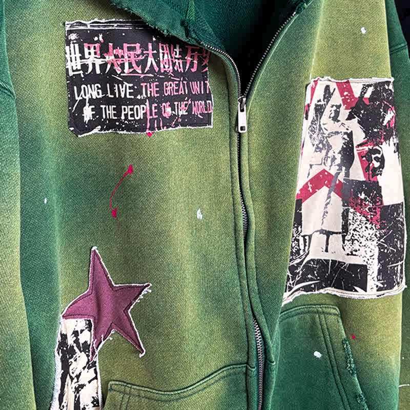 Niche Affixed Cloth Embroidered Handmade Unique Washed Old Hooded Sweater Cardigan