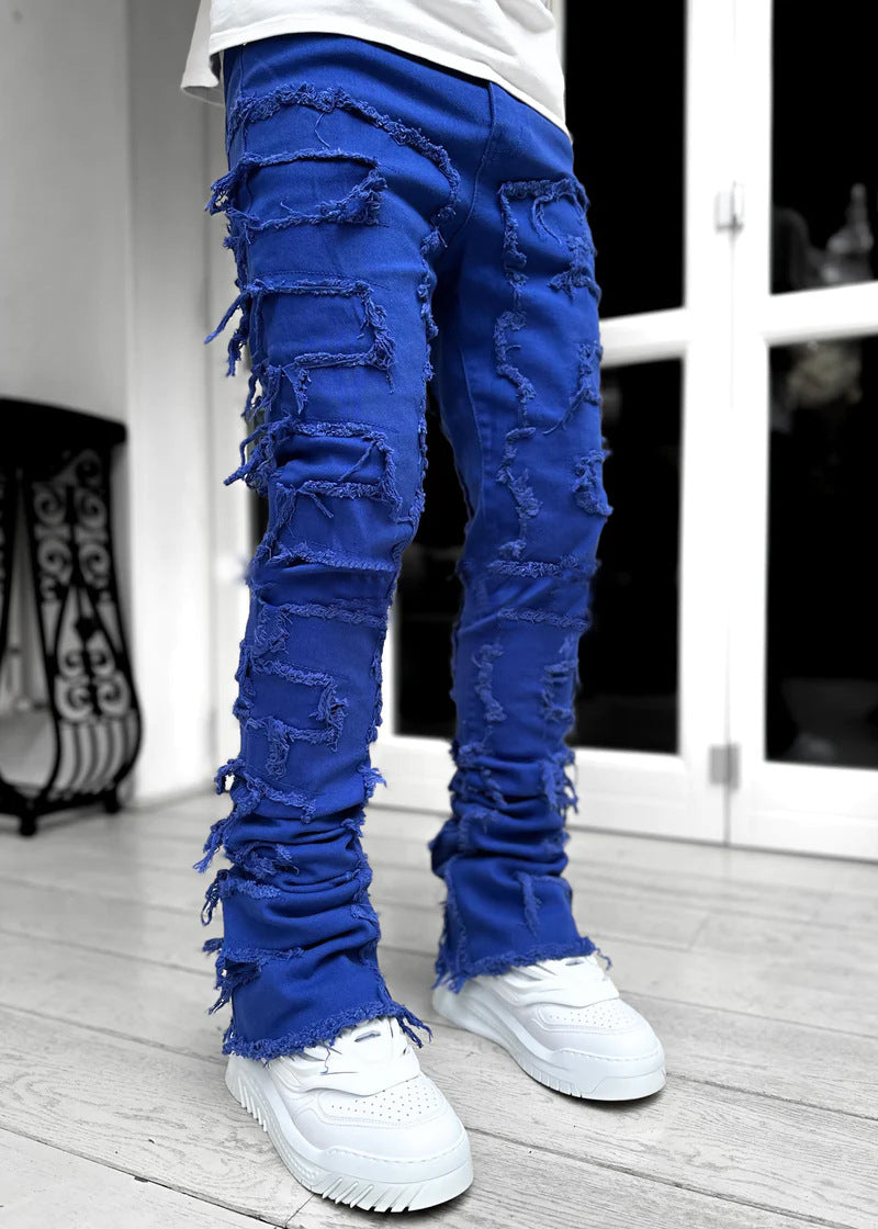 Ins Fringes Ripped Trousers Individual Patched Pants Long Tight Fit Stacked Jeans for Men Clothing