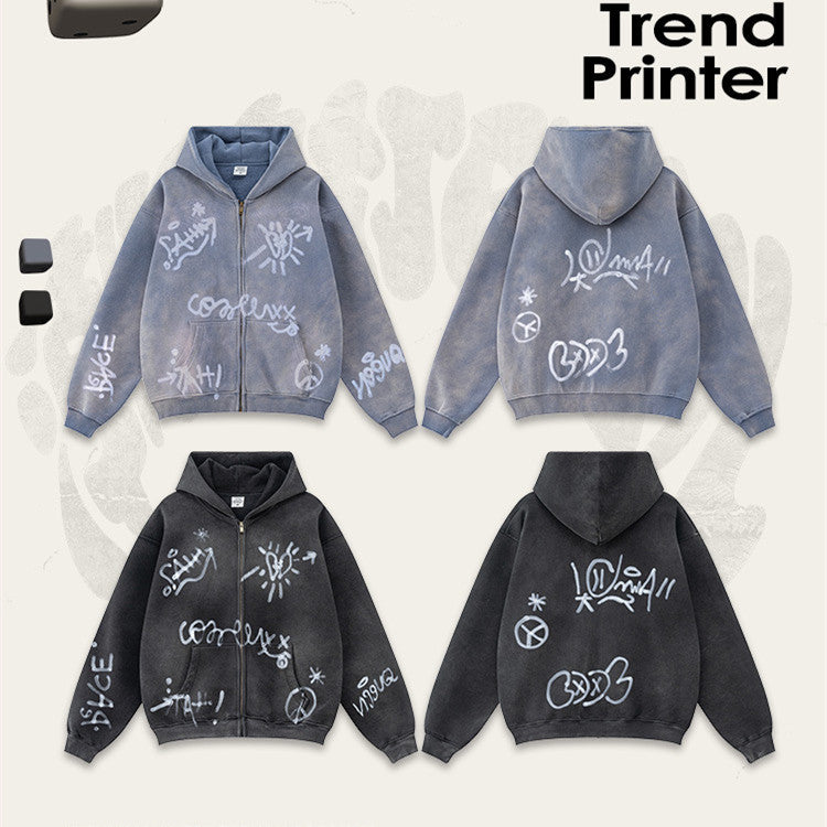 Retro High-grade Graffiti Long-sleeved Knitted Cardigan