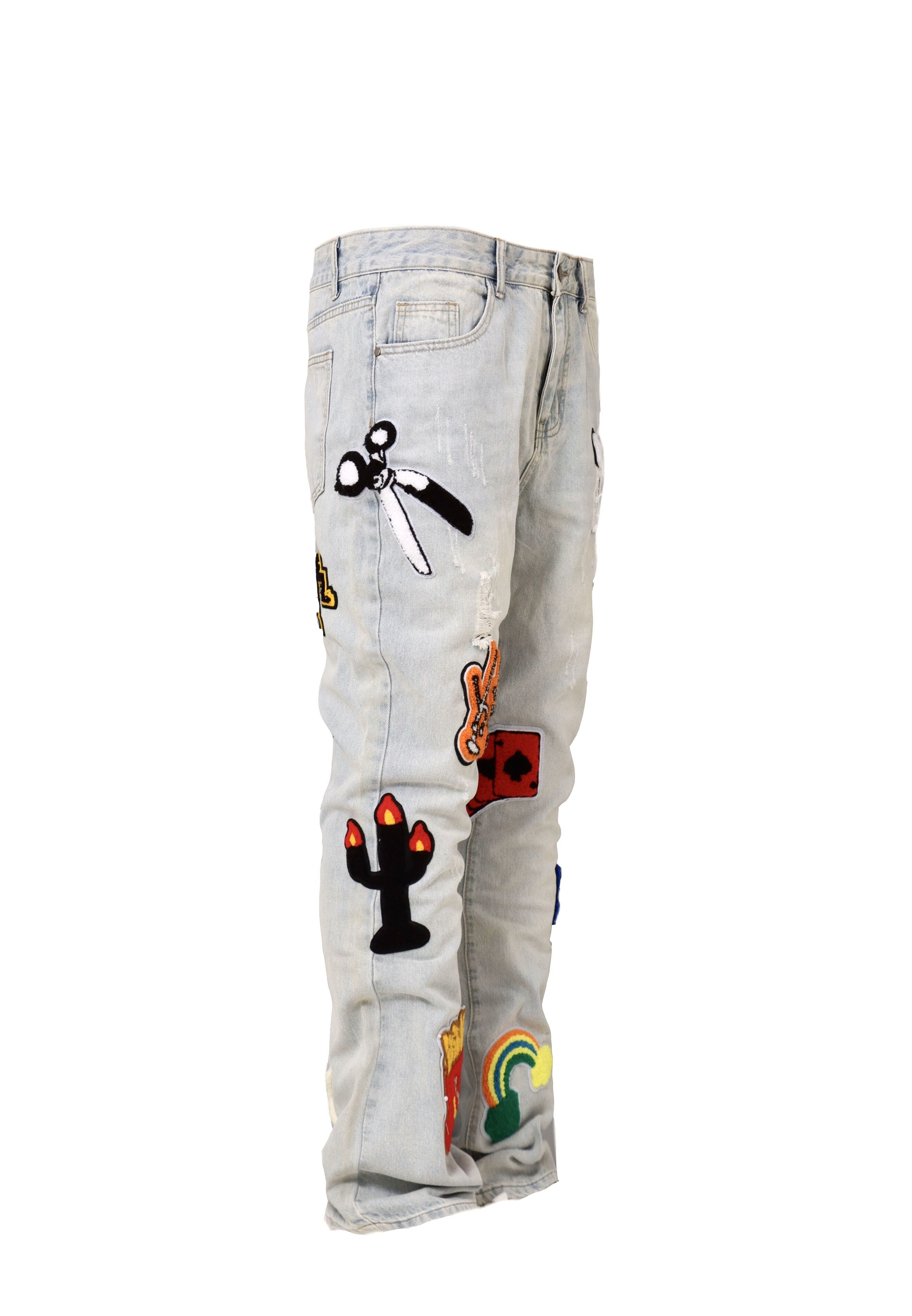 Light Color Irregular Towel Embroidered Slim Straight-leg Denim Trousers for men