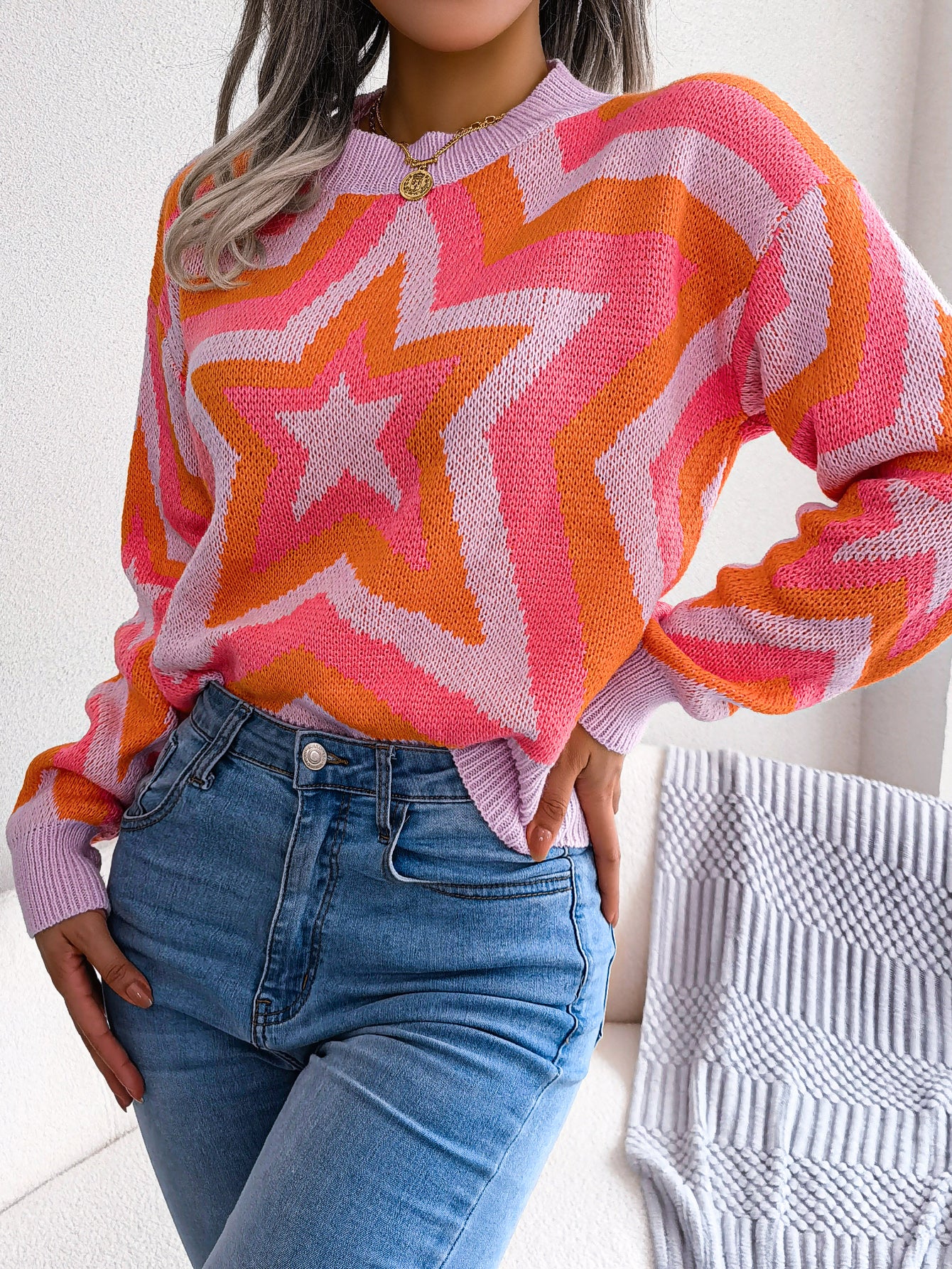 Women Fashion Color Block Star Long Sleeve Pullover Sweater