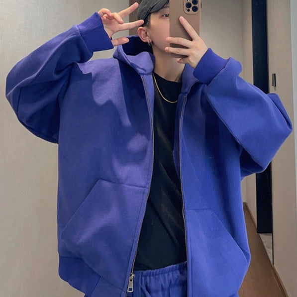 Retro Easy Matching Loose Blue Hooded Jacket Zipper Short Coat For Men