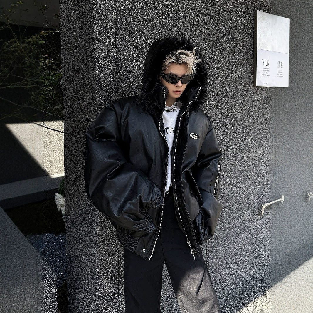 PU Leather Hooded Coat Jacket Warm And Loose Top