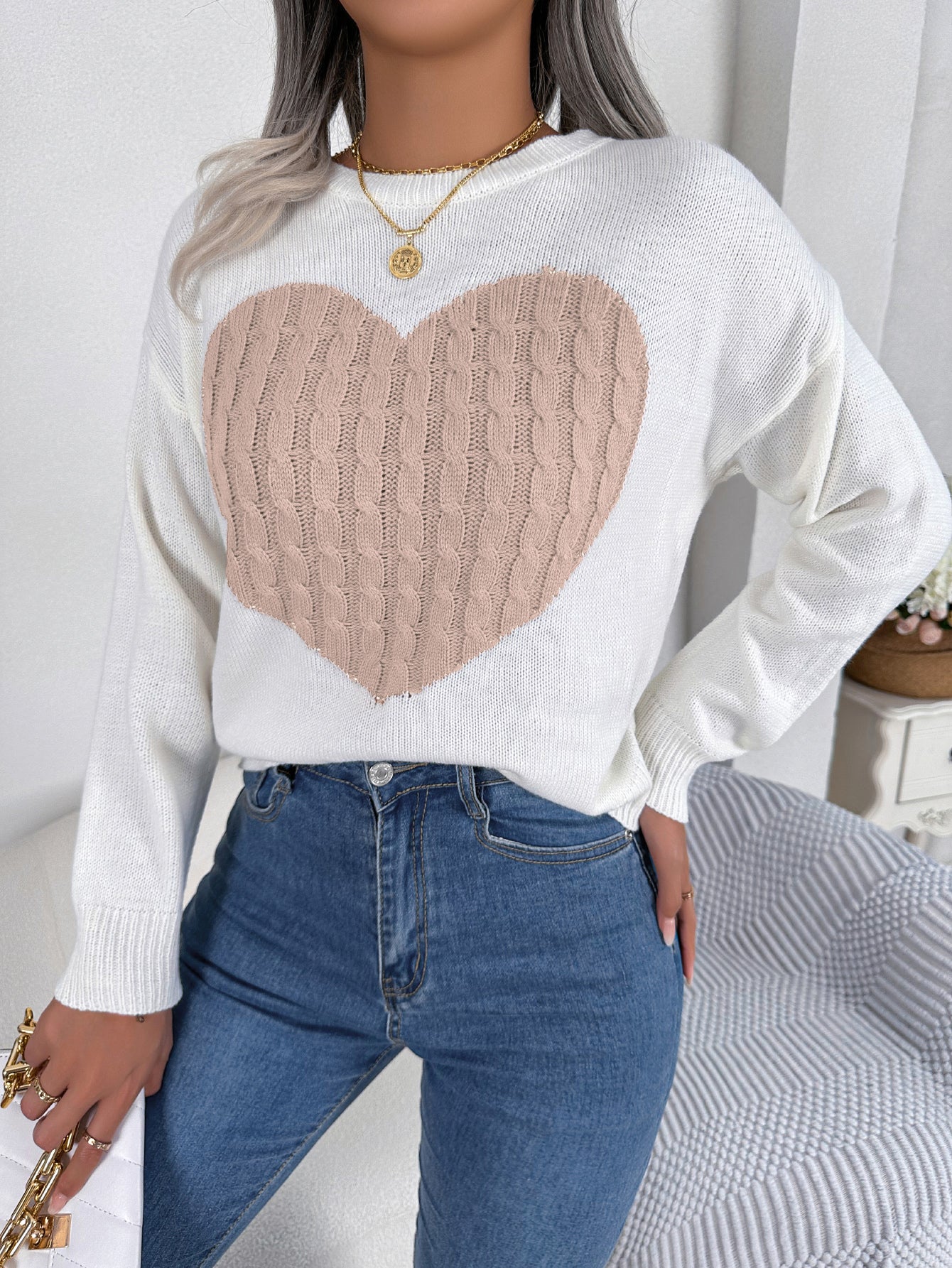 Women Cable Knit Heart Long Sleeve Pullover Sweater