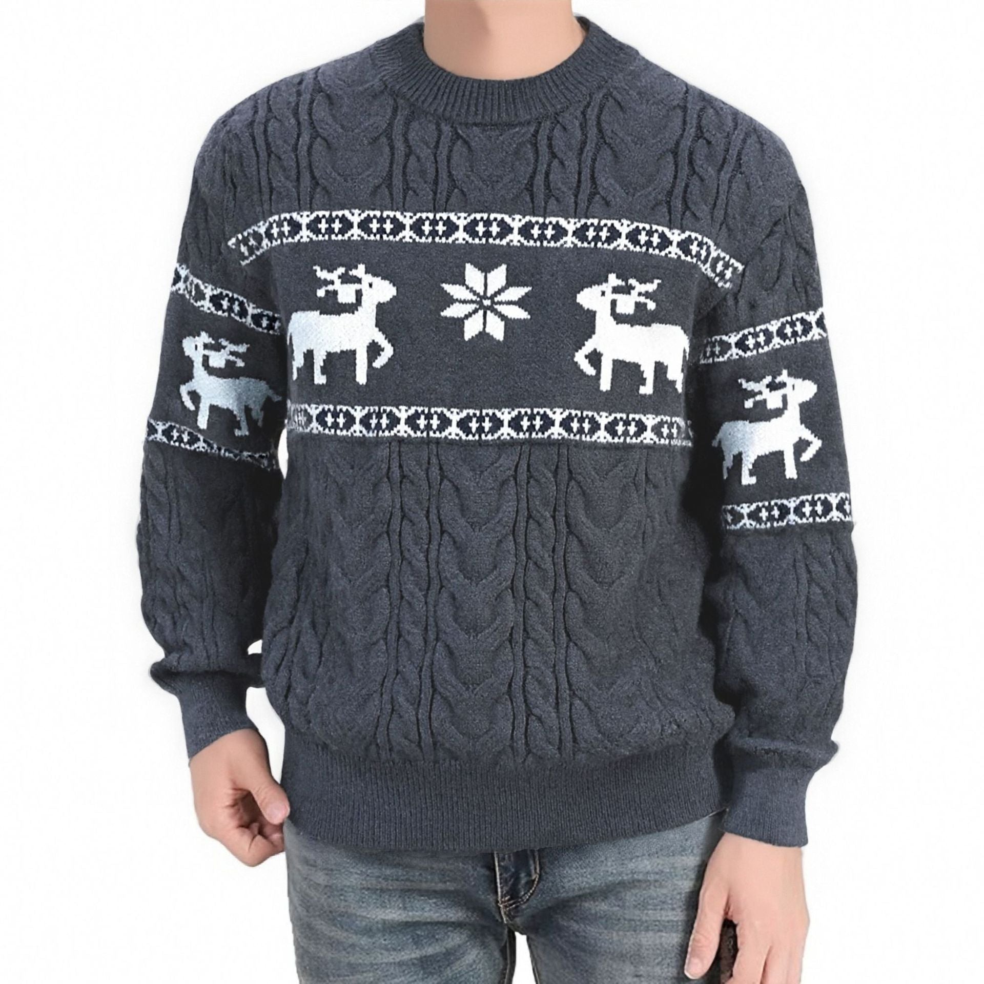 Winter Ugly Christmas Pullovers Sweater for Men Thick Warm Knitted Sweaters with Deer Christmas Holiday Round Neck Tops