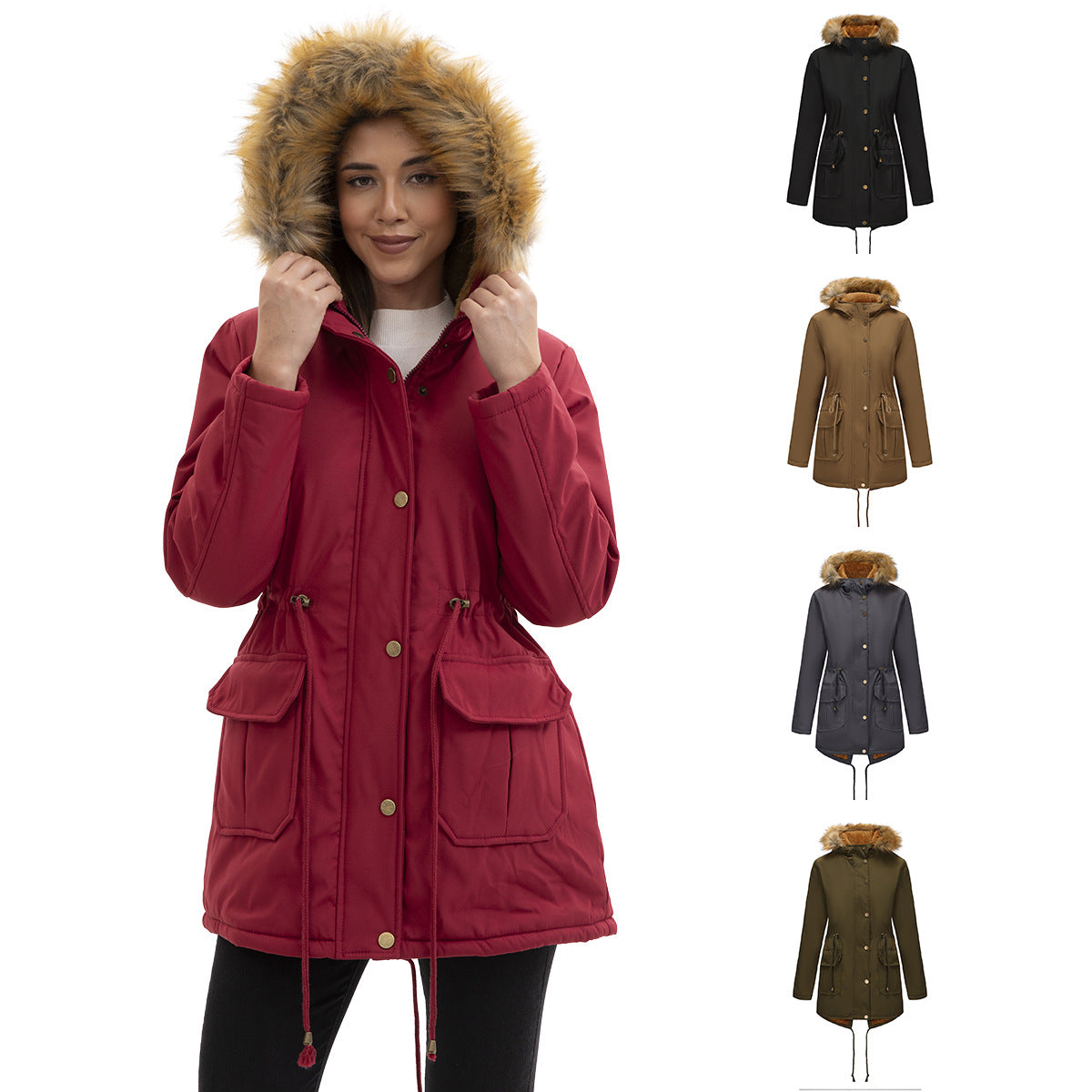 Hooded Women's Mid-Length Padded Coat with Fur Collar and Defined Waist