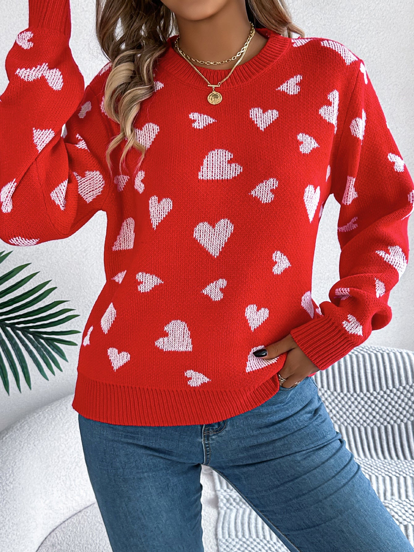 Women Casual Color Block Heart Lantern Sleeve Pullover Sweater