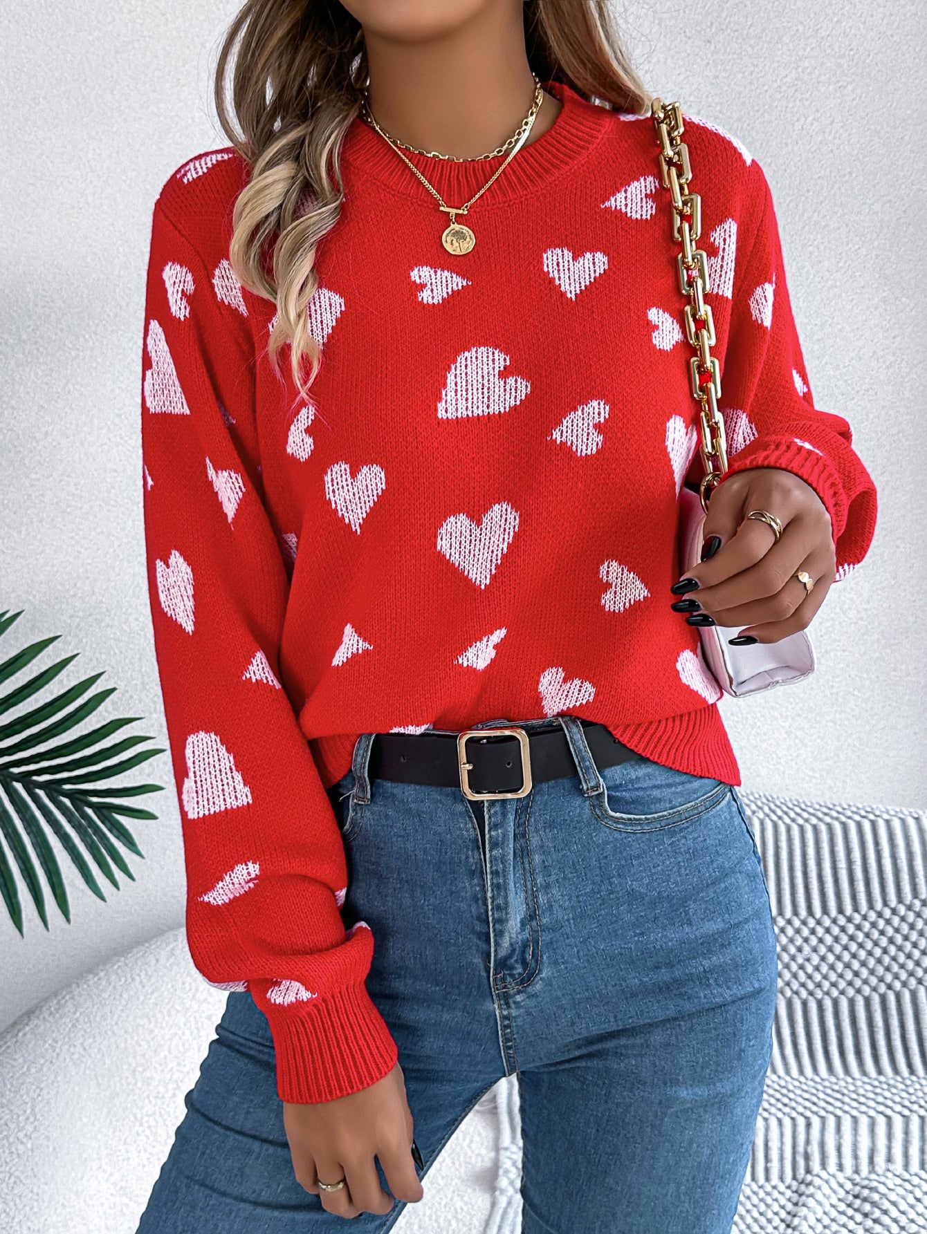 Women Casual Color Block Heart Lantern Sleeve Pullover Sweater