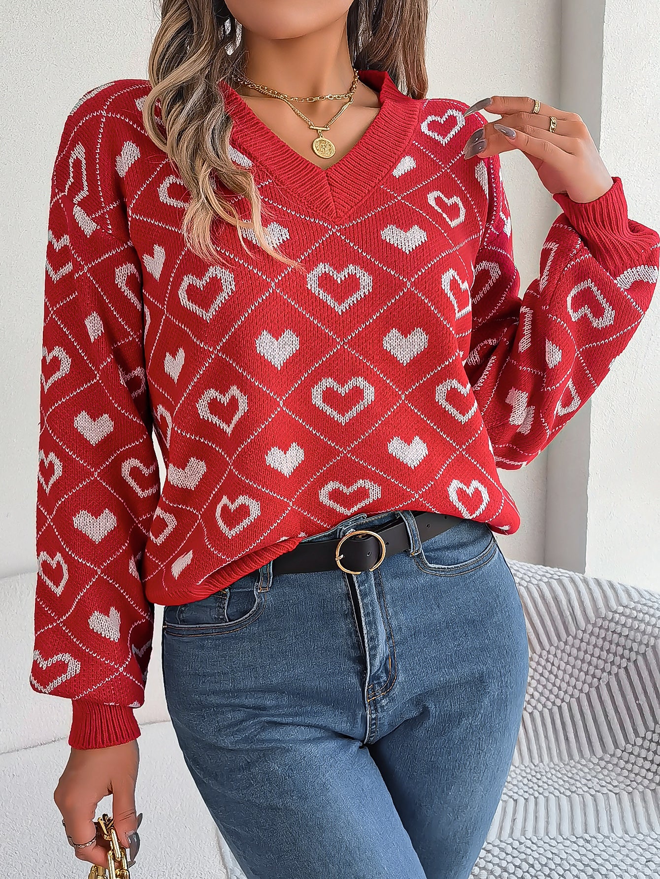 Women Sweet Color Block Heart Lantern Sleeve Pullover Sweater
