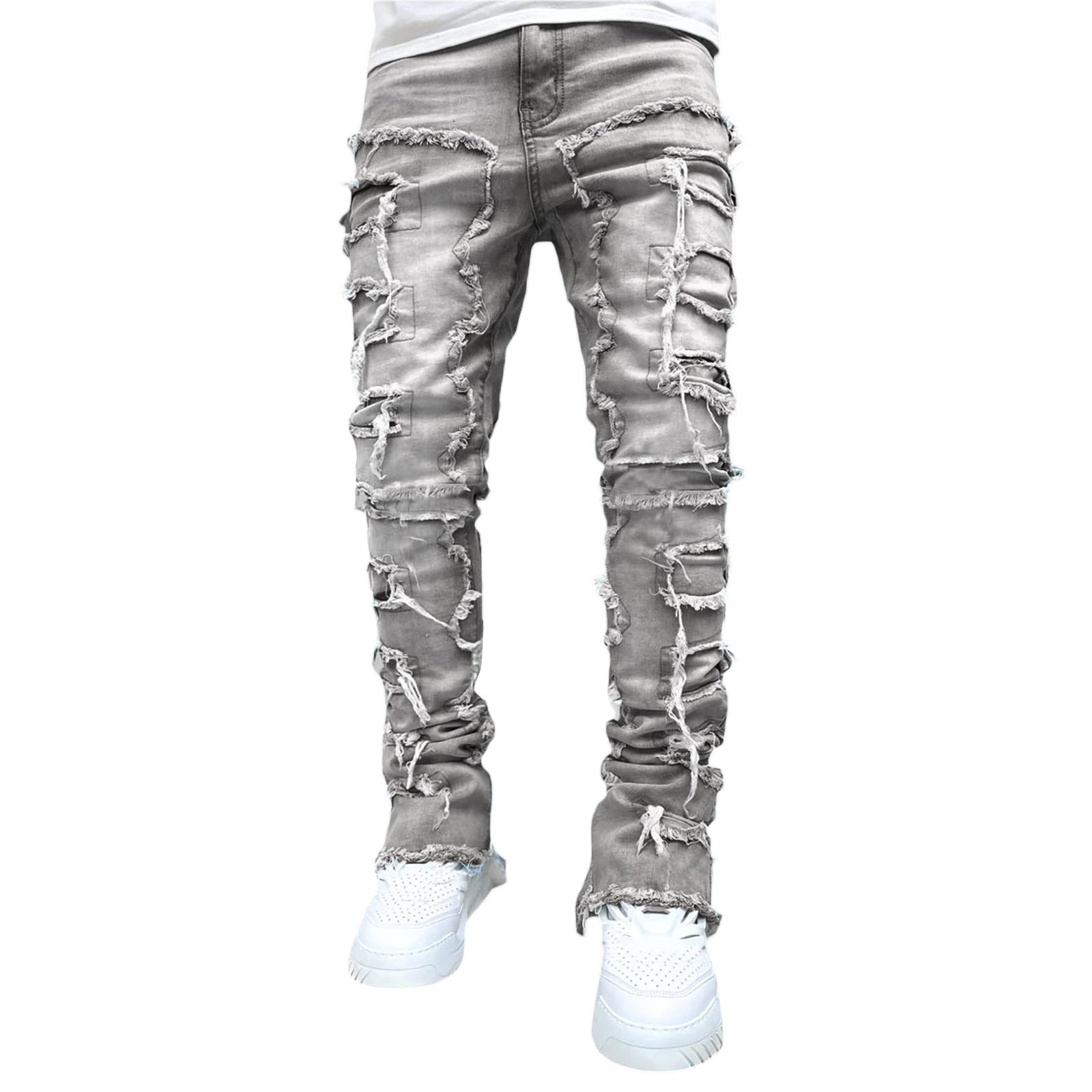 Ins Fringes Ripped Trousers Individual Patched Pants Long Tight Fit Stacked Jeans for Men Clothing
