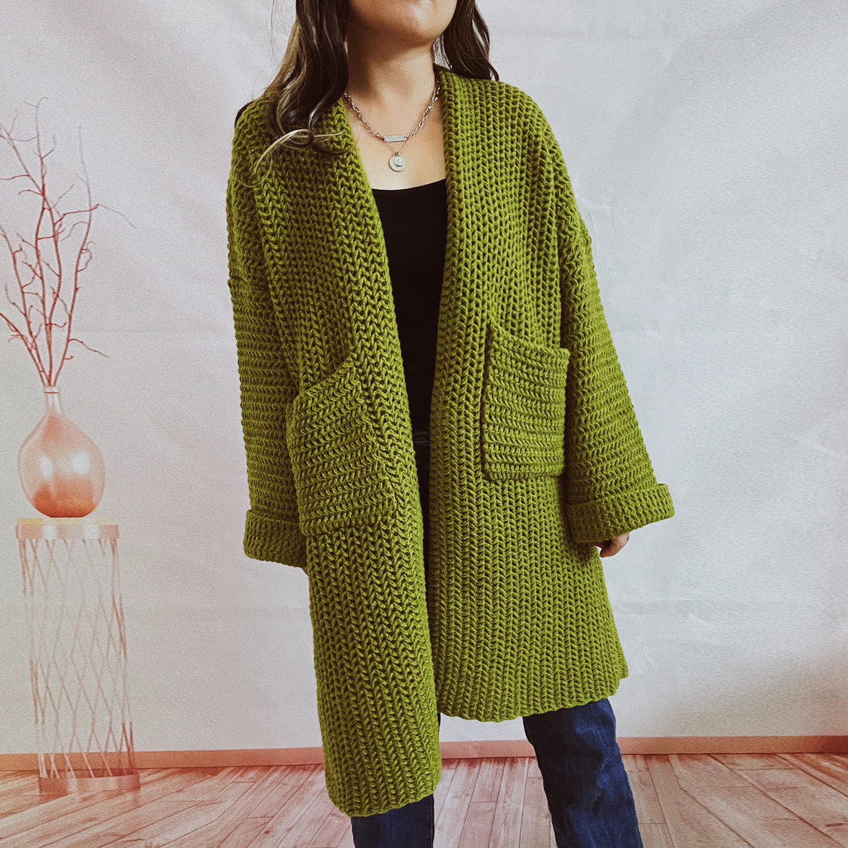 Loose-fitting Solid-color Thickened Knit Cardigan Sweater Jacket