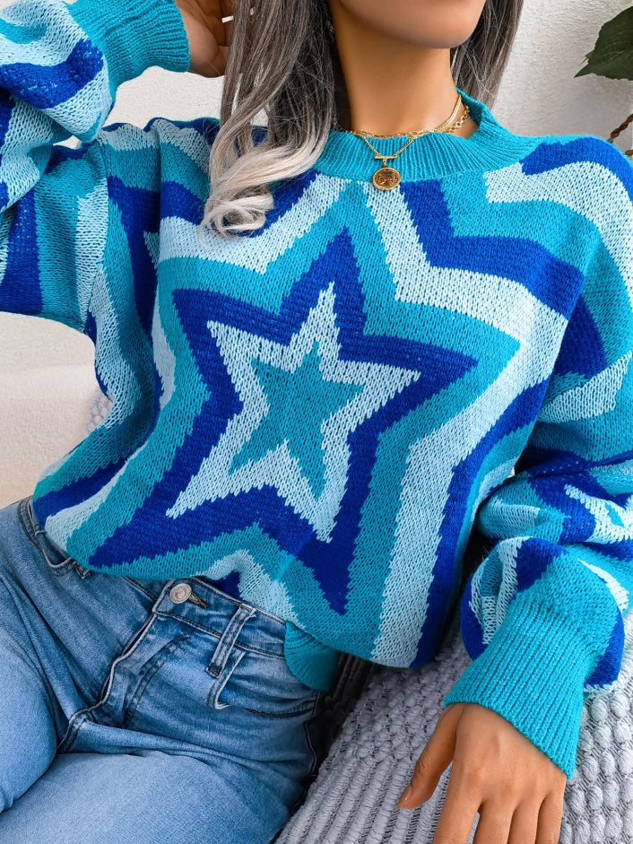 Women Fashion Color Block Star Long Sleeve Pullover Sweater