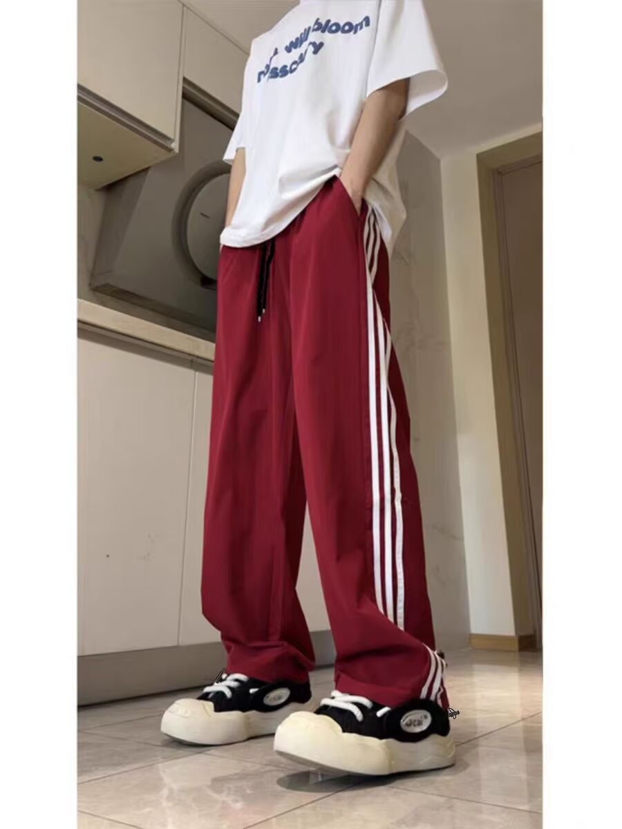 Side Striped Contrast Color Sports Casual Pants Men's Drawstring Elastic Waist
