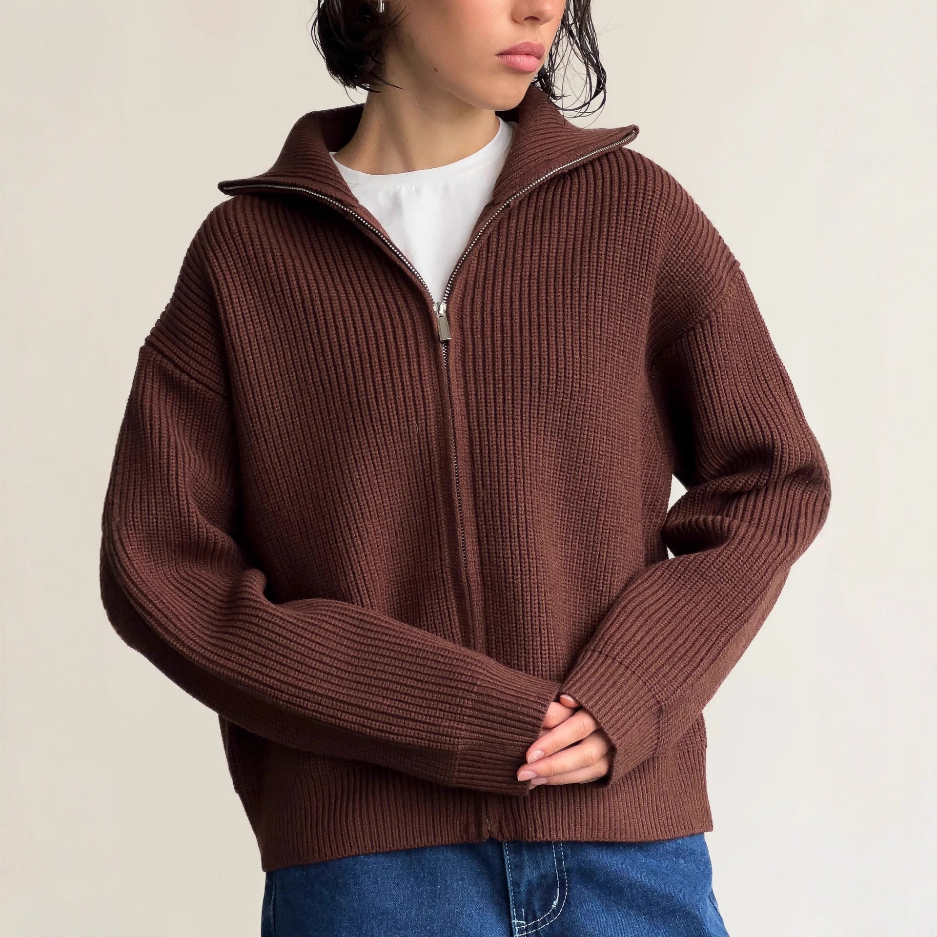 Women's Casual Knit Dual-zip Solid Color Sweater