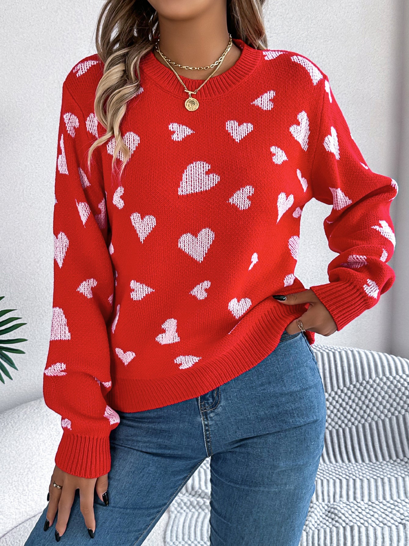 Women Casual Color Block Heart Lantern Sleeve Pullover Sweater