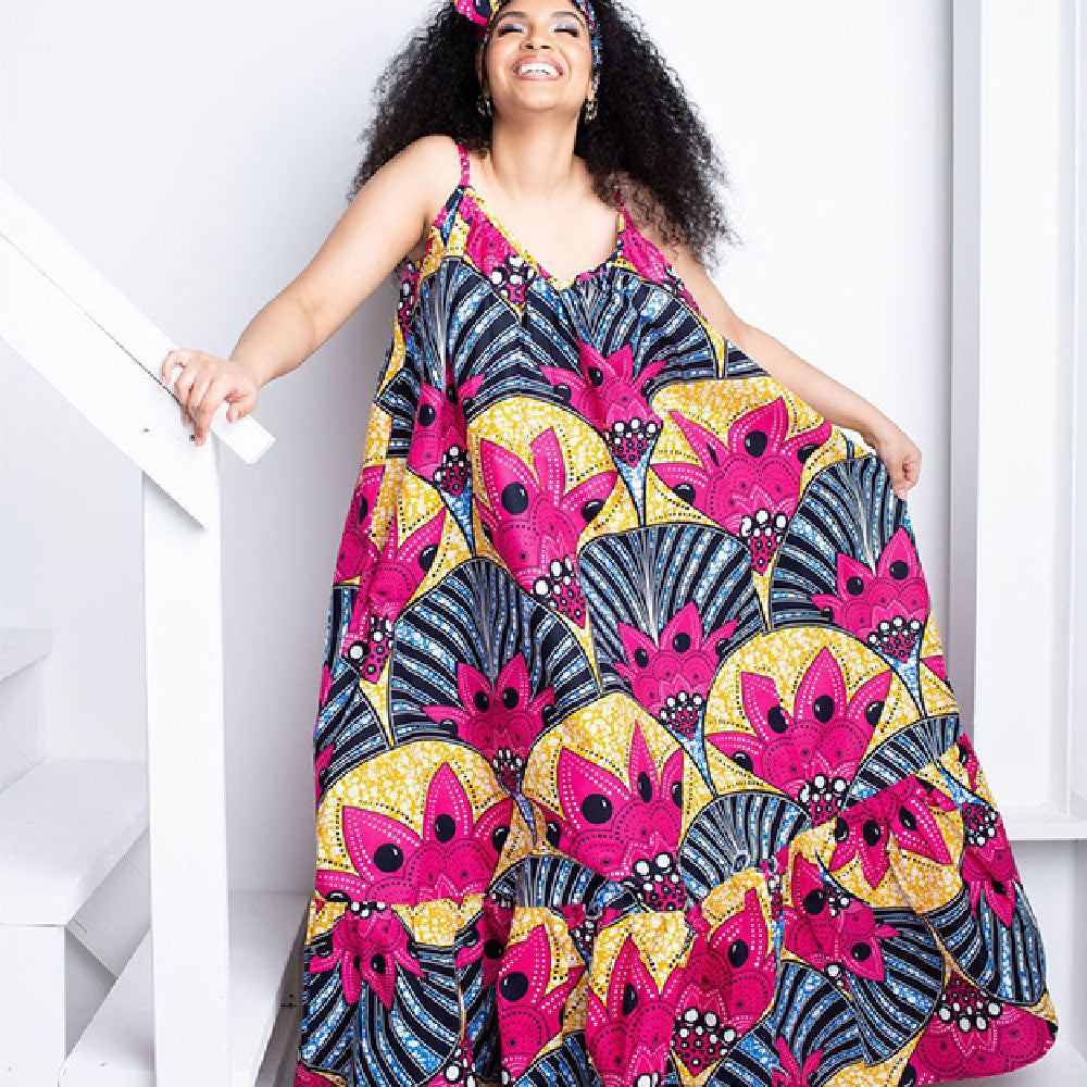African's Strap Printed Holiday Big Hem Oversize Dress