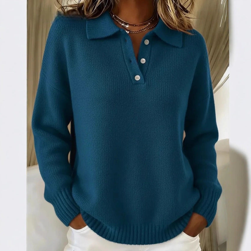 Loose And Soft Women's Lapel Long Sleeve Button Sweater