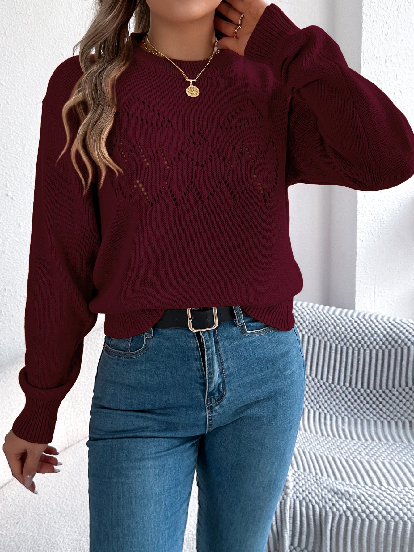 Women Solid Color Hollow Out Lantern Sleeve Pullover Sweater