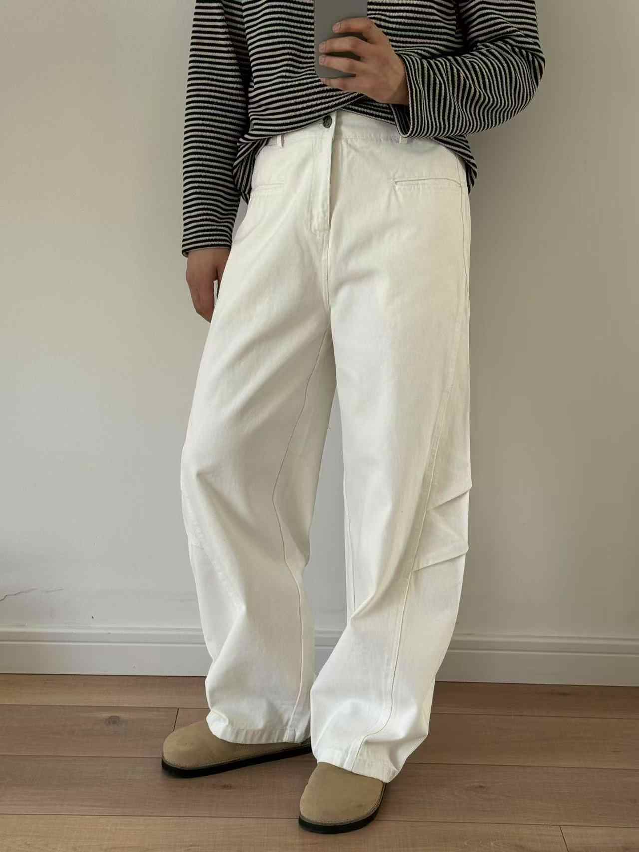 Three-dimensional Cut Pleated Washed All-match Matchet Pants White Uniform Casual Jeans for men