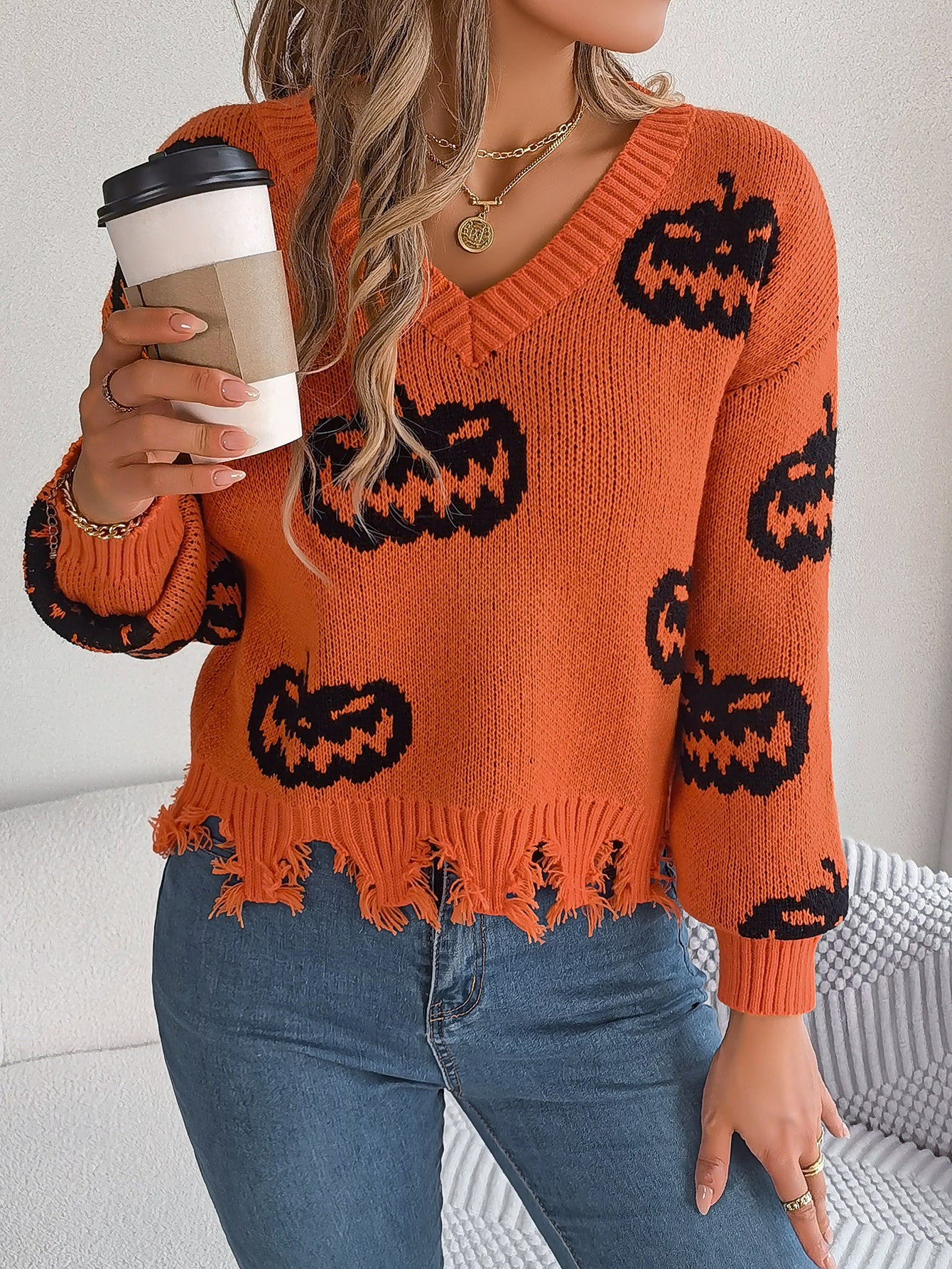 Women Color Block Pumpkin Distressed Long Sleeve Pullover Sweater
