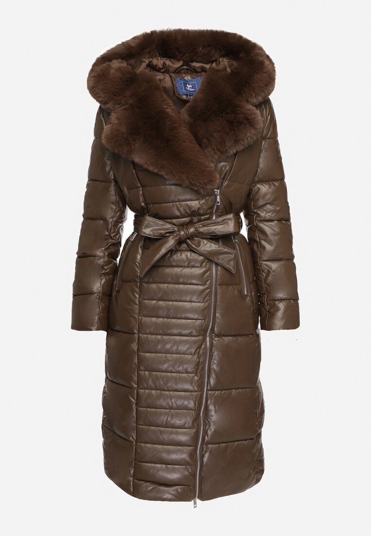 Women's winter coat long puffer jacket in black color for women with belt and