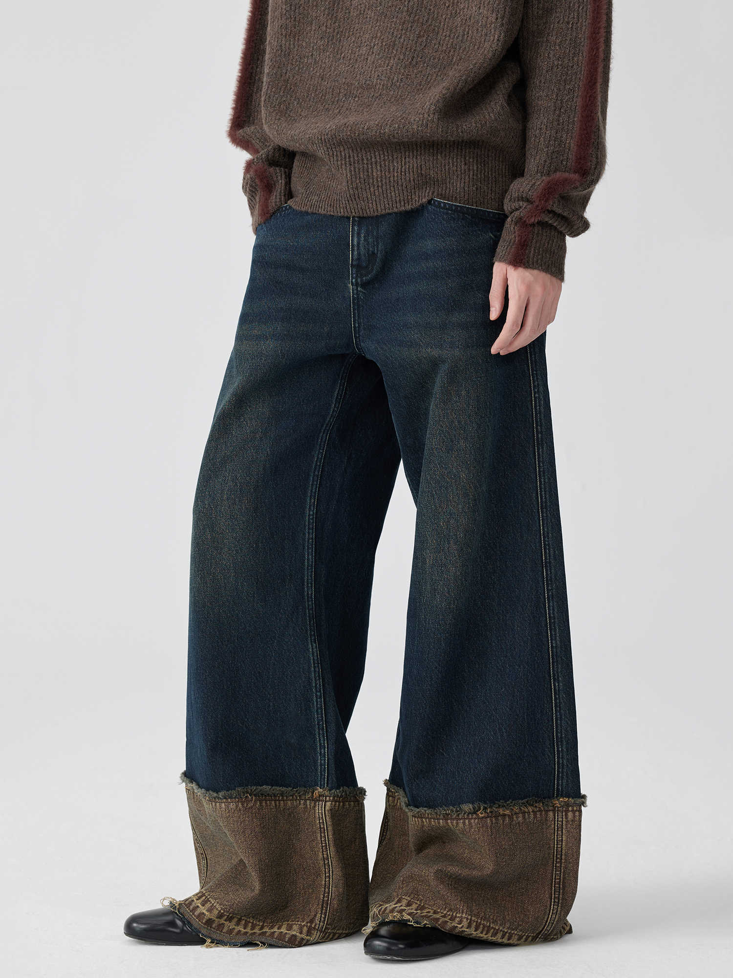 Brown Blue Nano Water Foot Washing Mouth Reverse Stitching Raw Hem Jeans