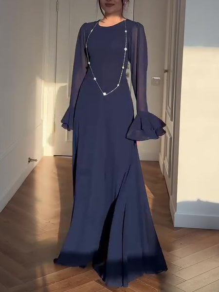 Navy Blue Trumpet Sleeve Tie Maxi Dress for women